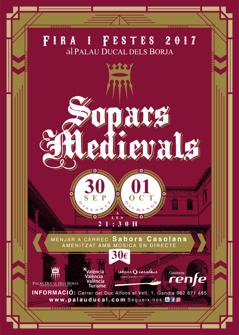 Las Cenas Medievales se realizarán los días 30 de septiembre y 1 de Octubre en el Patio de Armas del Palau Ducal dels Borja de Gandia.