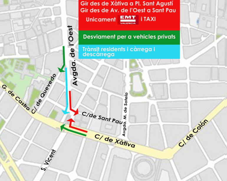 De Xàtiva a San Agustín y de Av. Oeste a San Pablo, sólo para EMT y Taxi.