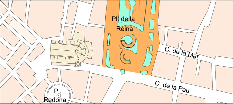 Pla de l'actuació a la plaça de la Reina. Amb color taronja, la zona peatonalitzada després de les obres.