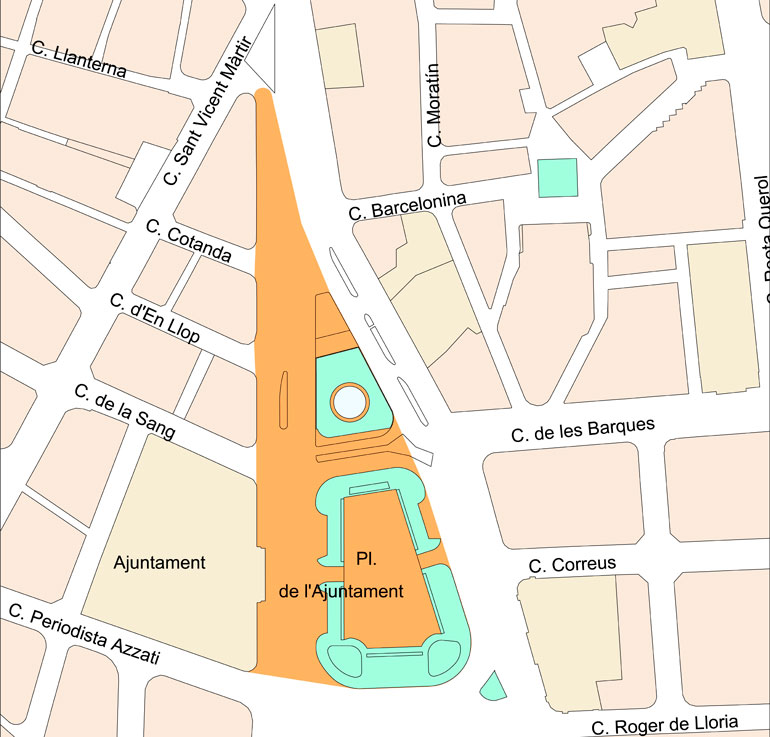 Pla de l'actuació a la plaça de l'Ajuntament. Amb color taronja, la zona peatonalitzada després de les obres.