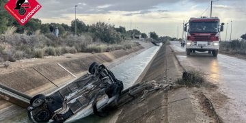 Vuelco de un coche en el canal del trasvase que discurre junto a la CV-95 a la altura de Orihuela.