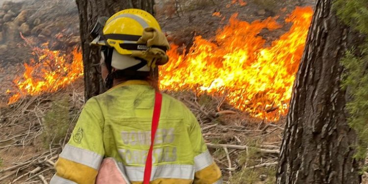 Un bombero forestal participa en la extinción del incendio de Villanueva de Viver
