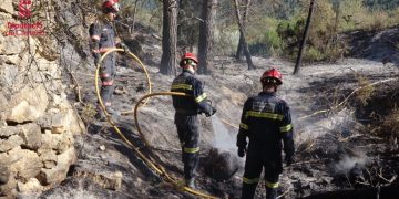 Bomberos repasando el perímetro del incendio de Villanueva de Viver para evitar reproducciones.