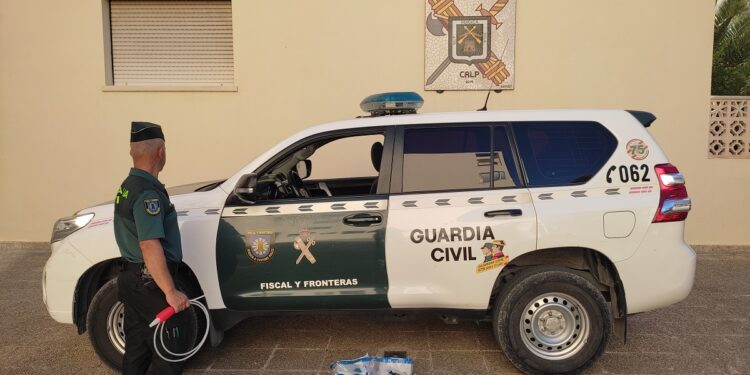 Un agente junto a varios recipientes con gasóleo B